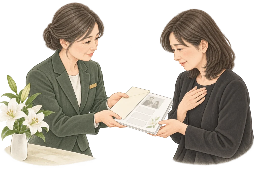 寄せられた想いを、ご家族へお渡しする場面