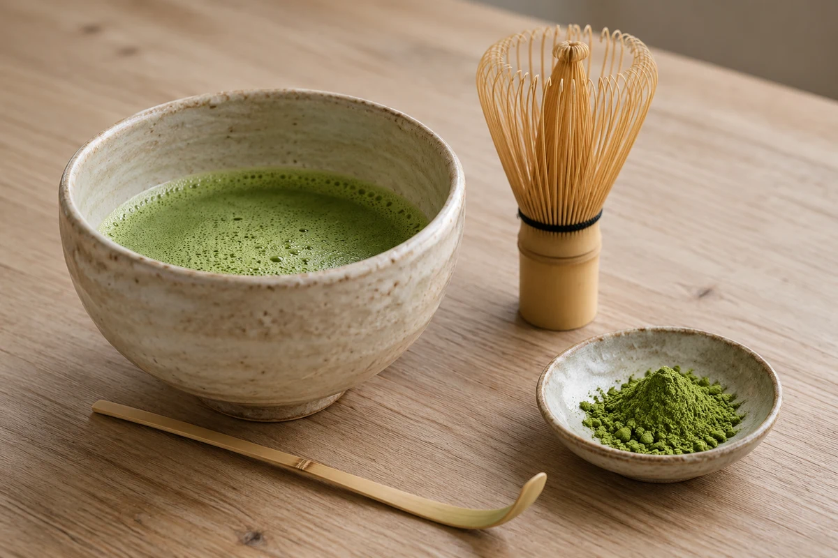 Matcha powder and a bowl of whisked tea