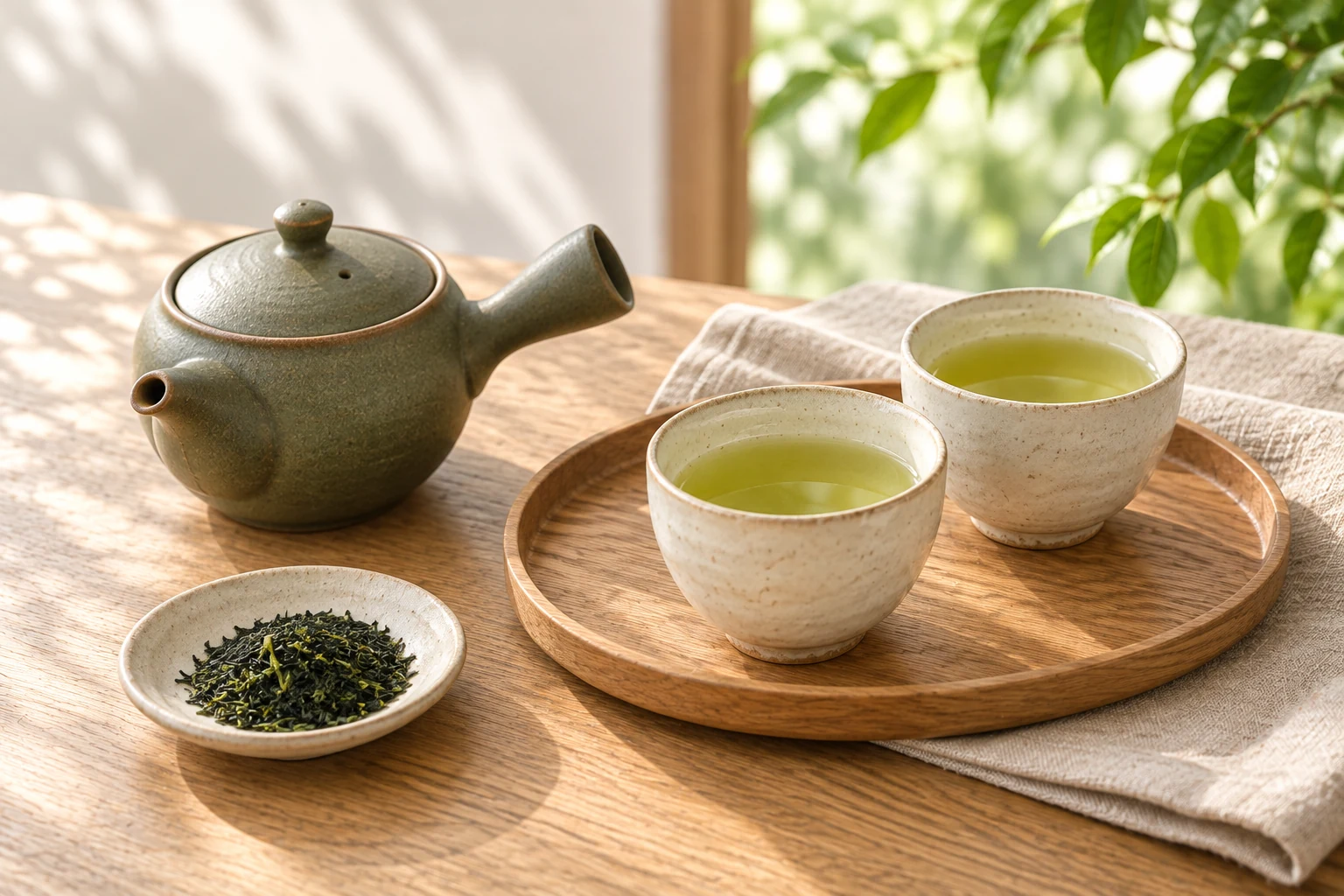 急須と湯のみに淹れたお茶のイメージ